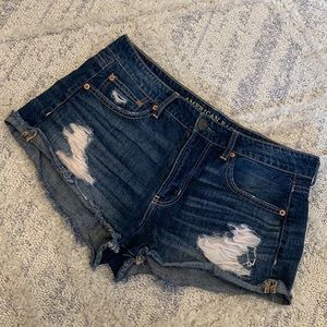 dark denim distressed high waisted jean shorts